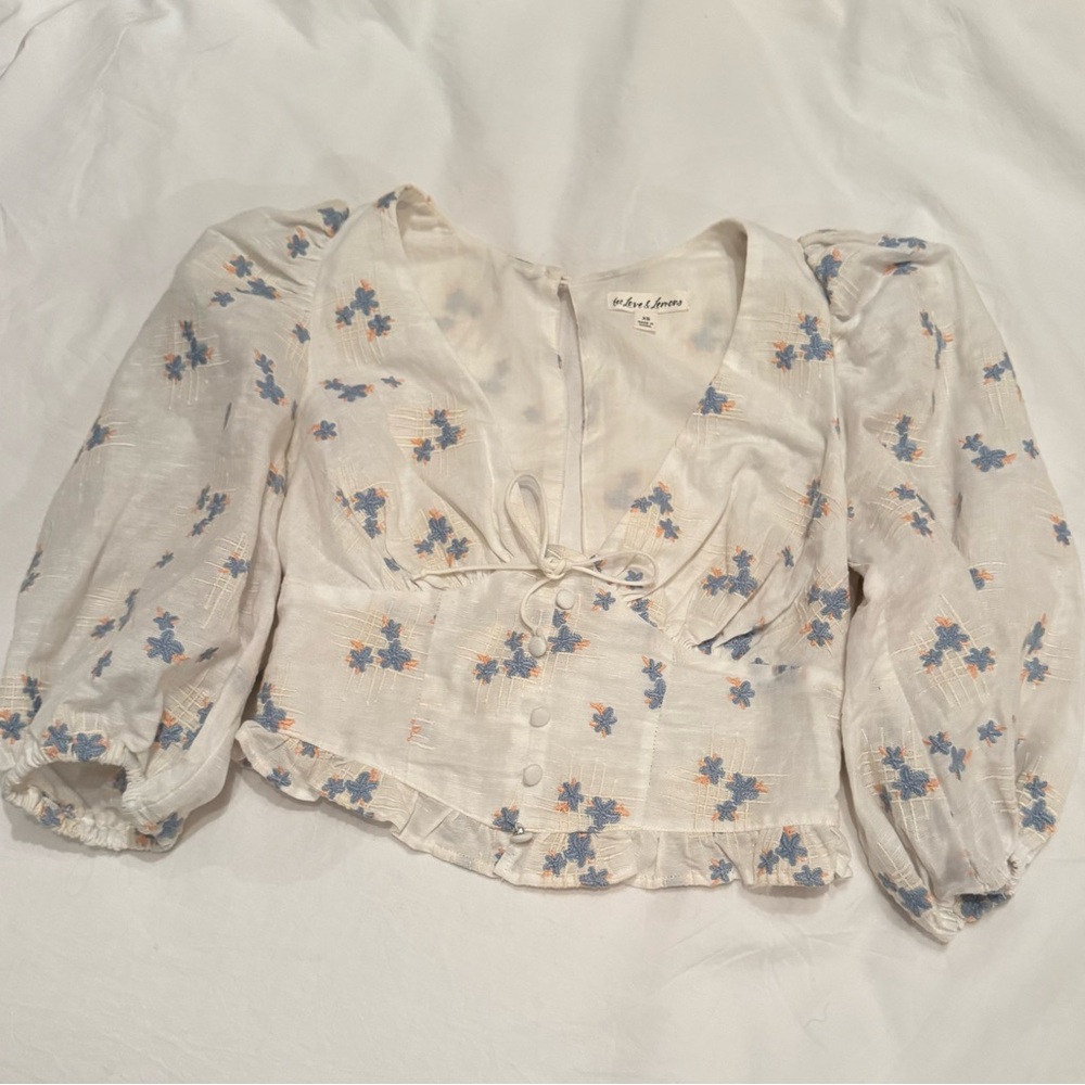 For Love And Lemons White and Blue Floral Blouse, Size XS